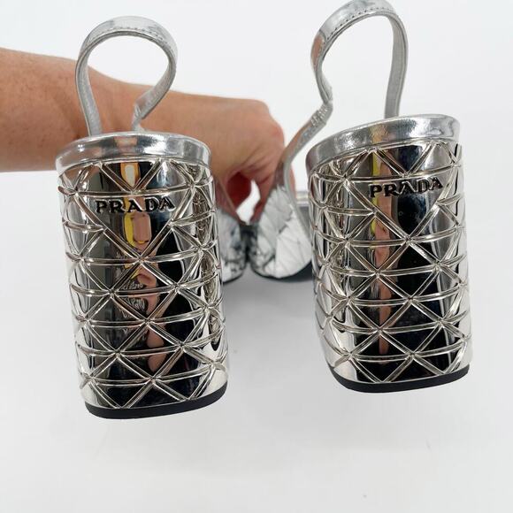 Prada Geometric Silver Metallic Logo Triangle Slingback Pumps In Argento IT 38 - Picture 9 of 13